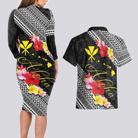 Aloha Hawaii Hibiscus and Plumeria Flowers Couples Matching Long Sleeve Bodycon Dress and Hawaiian Shirt Kanaka Maoli Tattoo Polynesian Pattern