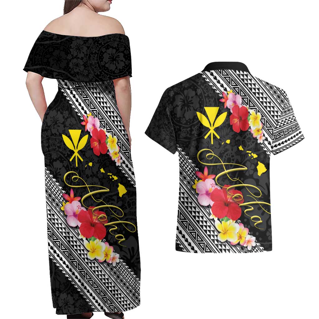 Aloha Hawaii Hibiscus and Plumeria Flowers Couples Matching Off Shoulder Maxi Dress and Hawaiian Shirt Kanaka Maoli Tattoo Polynesian Pattern LT03 - Polynesian Pride