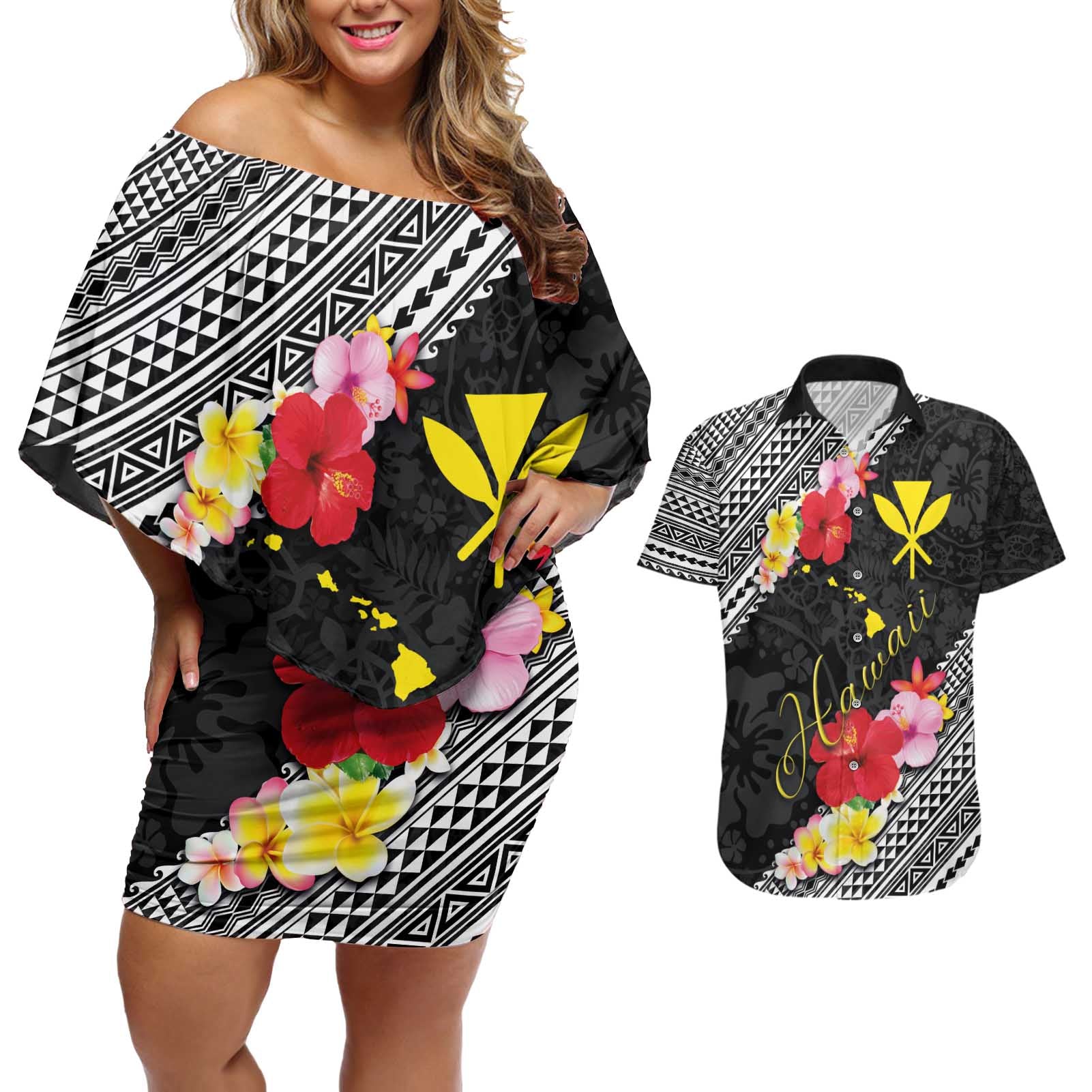 Aloha Hawaii Hibiscus and Plumeria Flowers Couples Matching Off Shoulder Short Dress and Hawaiian Shirt Kanaka Maoli Tattoo Polynesian Pattern