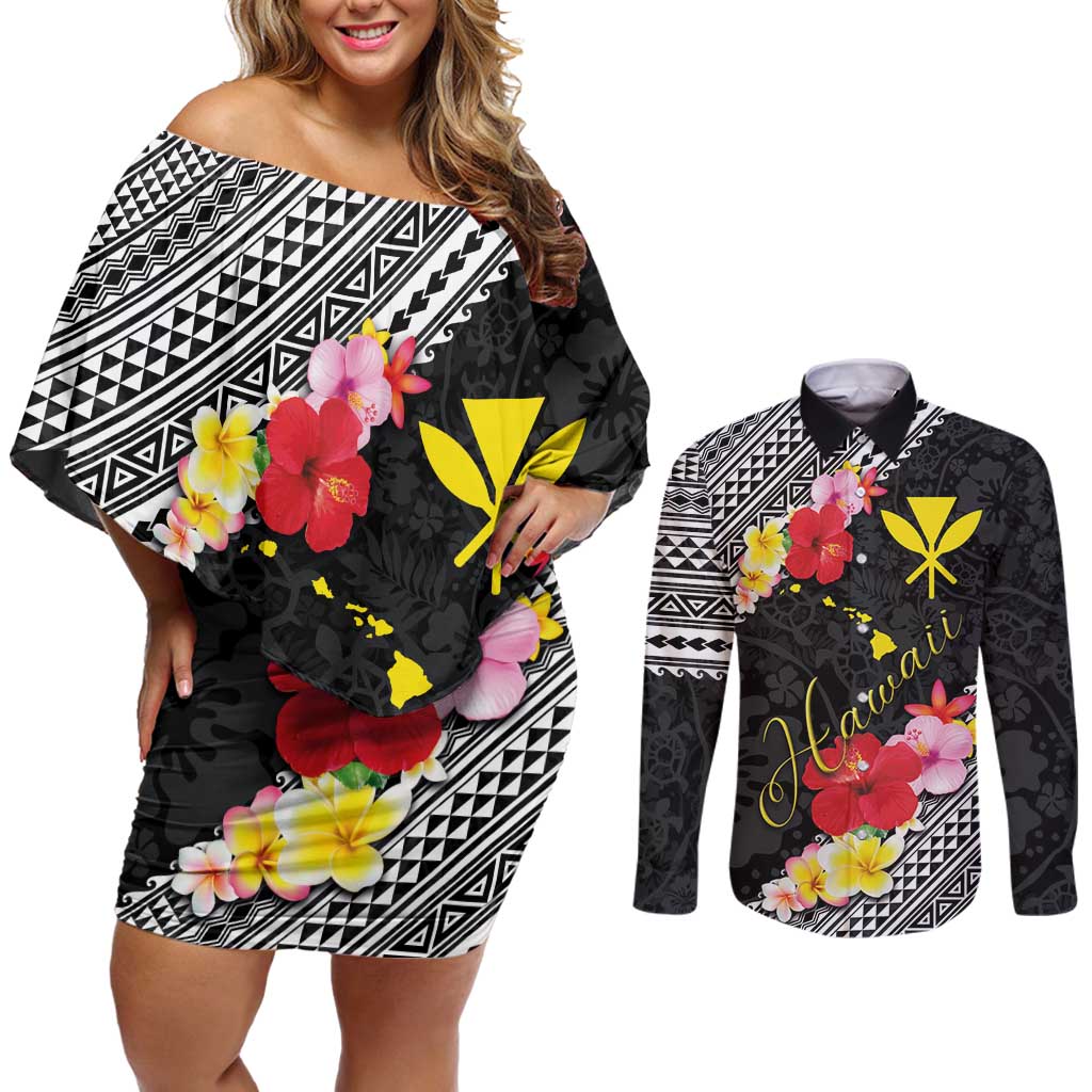 Aloha Hawaii Hibiscus and Plumeria Flowers Couples Matching Off Shoulder Short Dress and Long Sleeve Button Shirt Kanaka Maoli Tattoo Polynesian Pattern