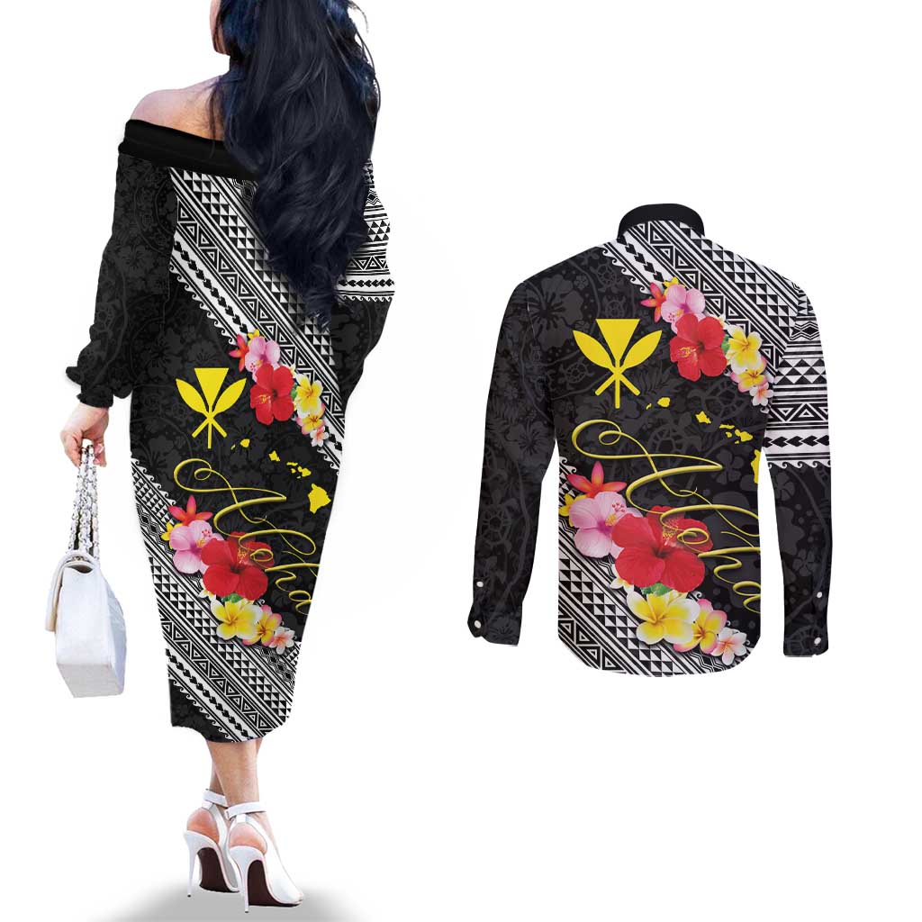 Aloha Hawaii Hibiscus and Plumeria Flowers Couples Matching Off The Shoulder Long Sleeve Dress and Long Sleeve Button Shirt Kanaka Maoli Tattoo Polynesian Pattern