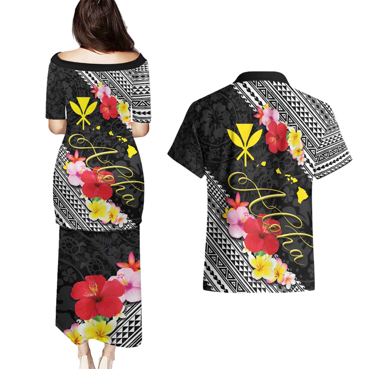 Aloha Hawaii Hibiscus and Plumeria Flowers Couples Matching Puletasi and Hawaiian Shirt Kanaka Maoli Tattoo Polynesian Pattern LT03 - Polynesian Pride