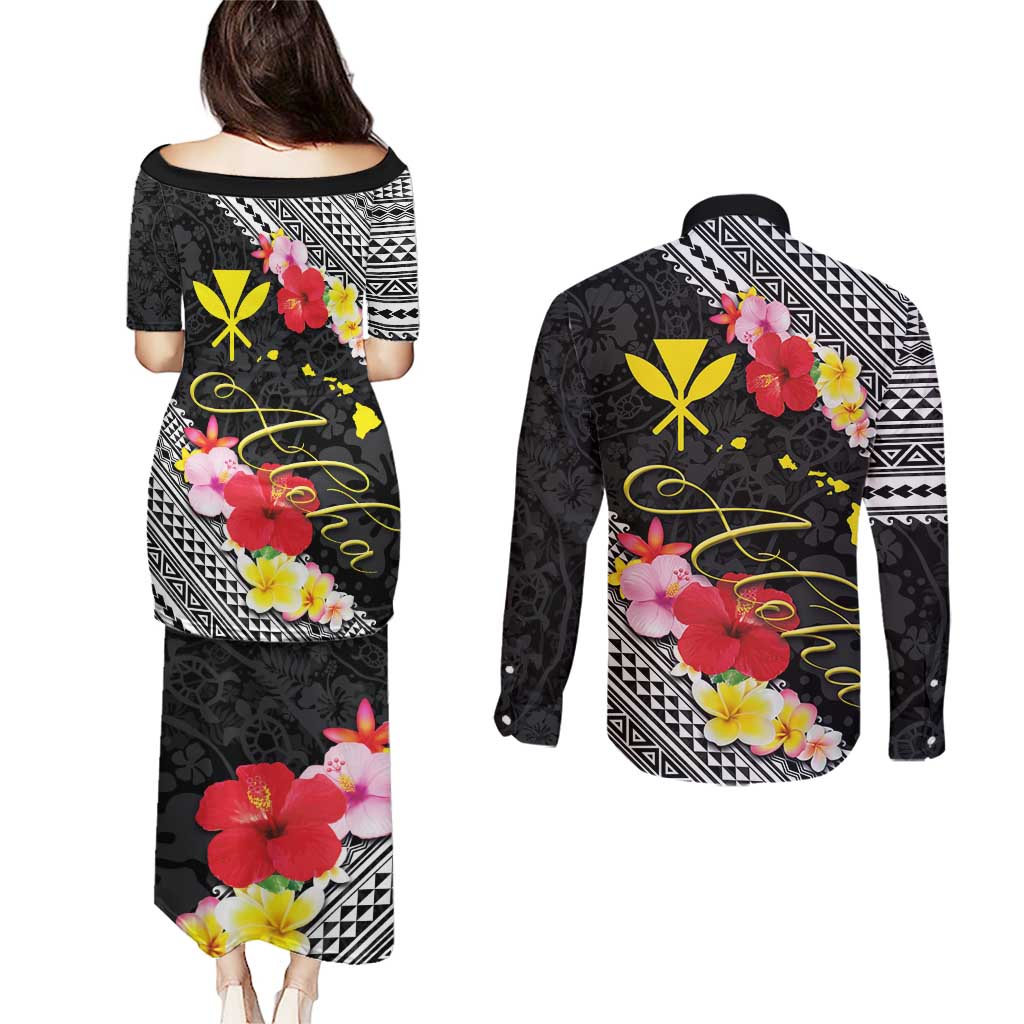 Aloha Hawaii Hibiscus and Plumeria Flowers Couples Matching Puletasi and Long Sleeve Button Shirt Kanaka Maoli Tattoo Polynesian Pattern LT03 - Polynesian Pride