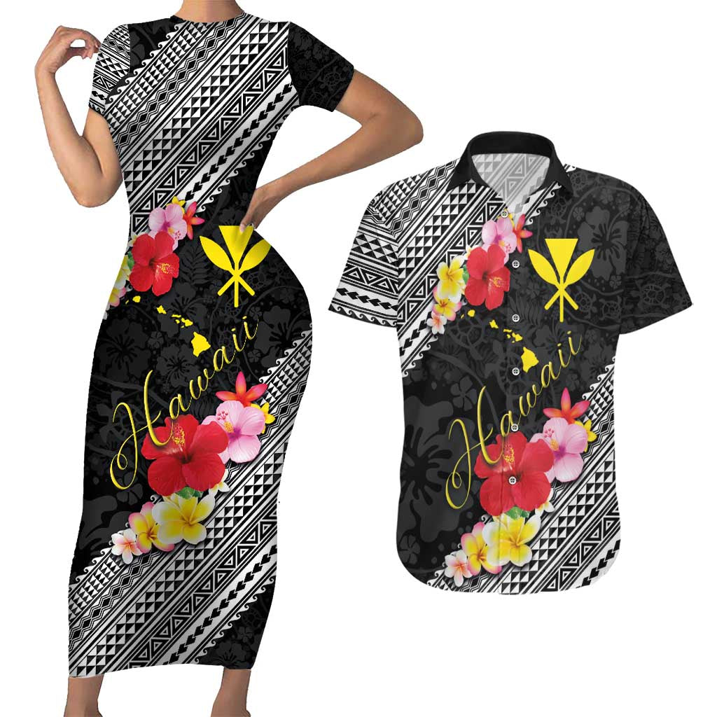 Aloha Hawaii Hibiscus and Plumeria Flowers Couples Matching Short Sleeve Bodycon Dress and Hawaiian Shirt Kanaka Maoli Tattoo Polynesian Pattern LT03 Black - Polynesian Pride