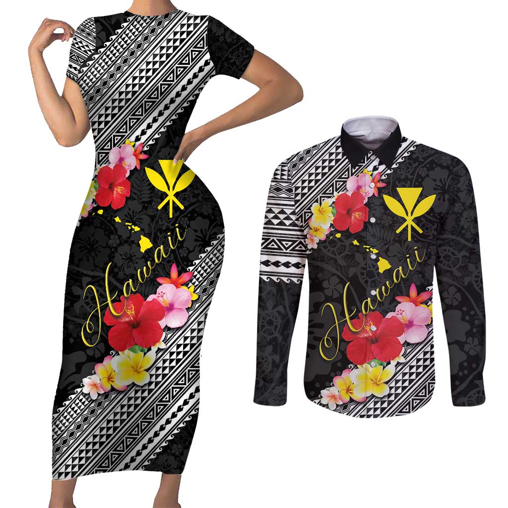 Aloha Hawaii Hibiscus and Plumeria Flowers Couples Matching Short Sleeve Bodycon Dress and Long Sleeve Button Shirt Kanaka Maoli Tattoo Polynesian Pattern
