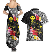 Aloha Hawaii Hibiscus and Plumeria Flowers Couples Matching Summer Maxi Dress and Hawaiian Shirt Kanaka Maoli Tattoo Polynesian Pattern