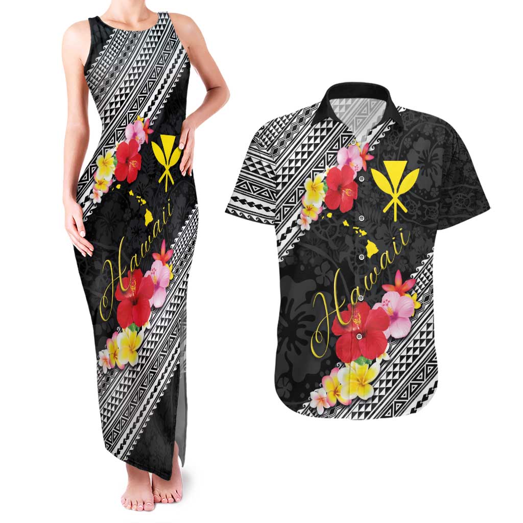 Aloha Hawaii Hibiscus and Plumeria Flowers Couples Matching Tank Maxi Dress and Hawaiian Shirt Kanaka Maoli Tattoo Polynesian Pattern