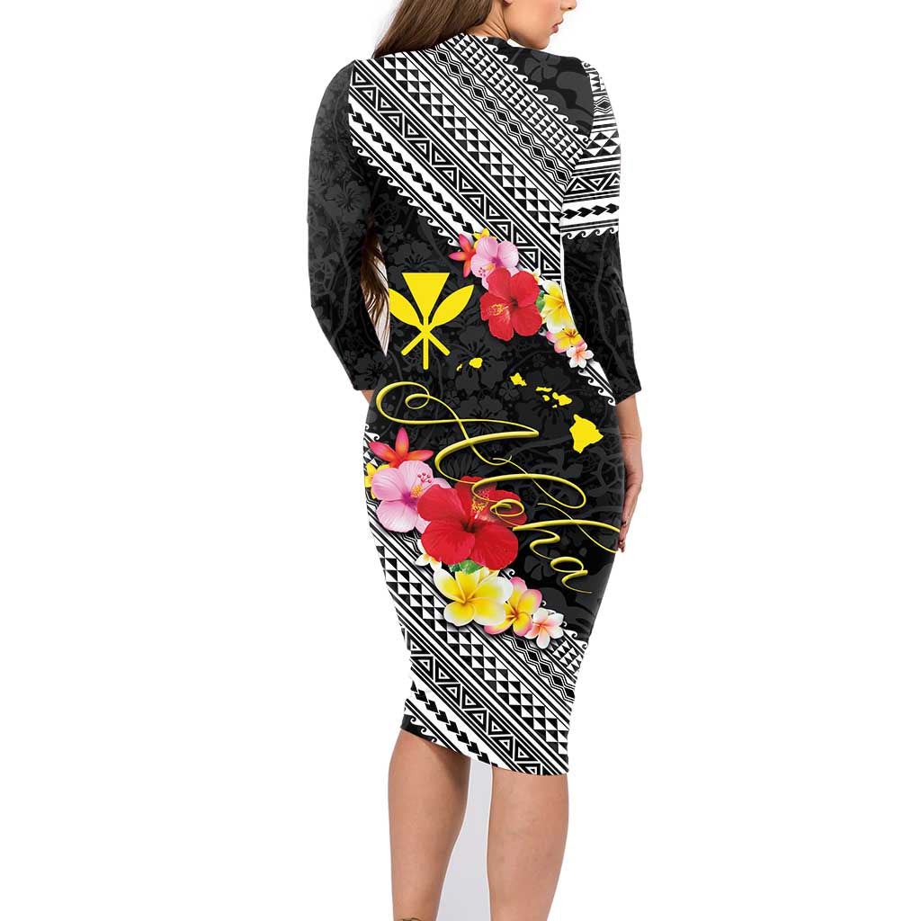 Aloha Hawaii Hibiscus and Plumeria Flowers Family Matching Long Sleeve Bodycon Dress and Hawaiian Shirt Kanaka Maoli Tattoo Polynesian Pattern