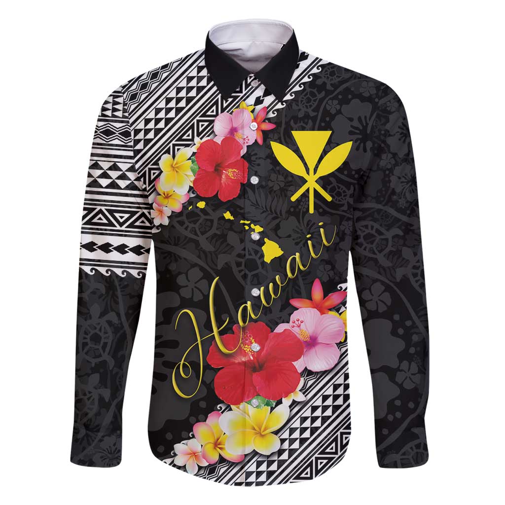 Aloha Hawaii Hibiscus and Plumeria Flowers Family Matching Mermaid Dress and Hawaiian Shirt Kanaka Maoli Tattoo Polynesian Pattern LT03 Dad's Shirt - Long Sleeve Black - Polynesian Pride