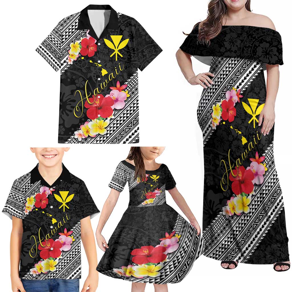 Aloha Hawaii Hibiscus and Plumeria Flowers Family Matching Off Shoulder Maxi Dress and Hawaiian Shirt Kanaka Maoli Tattoo Polynesian Pattern LT03 - Polynesian Pride