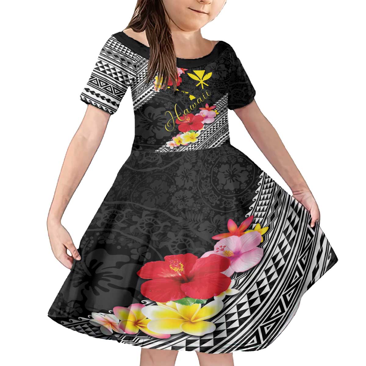 Aloha Hawaii Hibiscus and Plumeria Flowers Family Matching Puletasi and Hawaiian Shirt Kanaka Maoli Tattoo Polynesian Pattern LT03 Daughter's Dress Black - Polynesian Pride