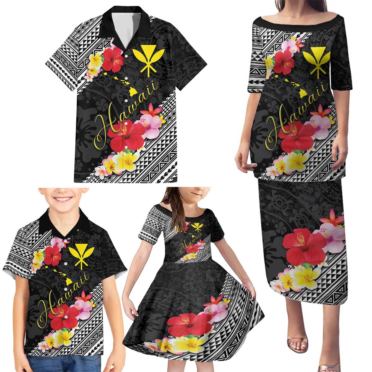 Aloha Hawaii Hibiscus and Plumeria Flowers Family Matching Puletasi and Hawaiian Shirt Kanaka Maoli Tattoo Polynesian Pattern LT03 - Polynesian Pride
