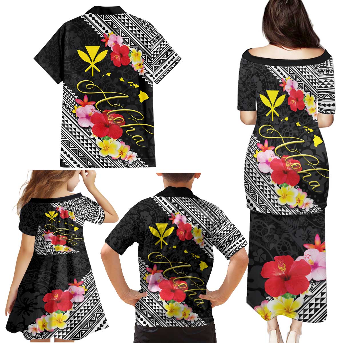 Aloha Hawaii Hibiscus and Plumeria Flowers Family Matching Puletasi and Hawaiian Shirt Kanaka Maoli Tattoo Polynesian Pattern LT03 - Polynesian Pride