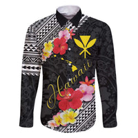 Aloha Hawaii Hibiscus and Plumeria Flowers Family Matching Puletasi and Hawaiian Shirt Kanaka Maoli Tattoo Polynesian Pattern LT03 Dad's Shirt - Long Sleeve Black - Polynesian Pride
