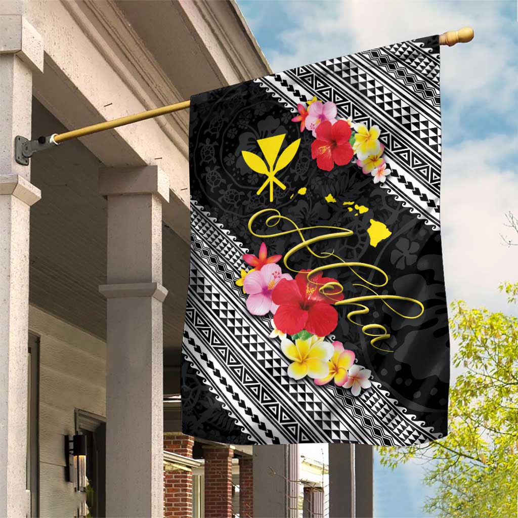 Aloha Hawaii Hibiscus and Plumeria Flowers Garden Flag Kanaka Maoli Tattoo Polynesian Pattern LT03 House Flag Black - Polynesian Pride