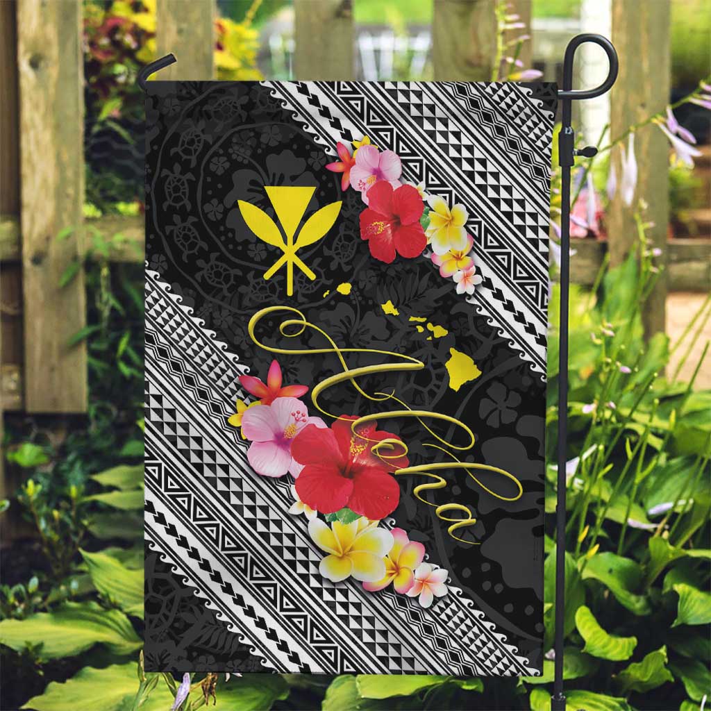 Aloha Hawaii Hibiscus and Plumeria Flowers Garden Flag Kanaka Maoli Tattoo Polynesian Pattern LT03 Garden Flag Black - Polynesian Pride