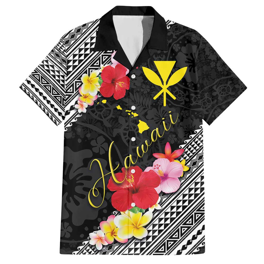 Aloha Hawaii Hibiscus and Plumeria Flowers Hawaiian Shirt Kanaka Maoli Tattoo Polynesian Pattern LT03 Black - Polynesian Pride