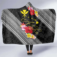 Aloha Hawaii Hibiscus and Plumeria Flowers Hooded Blanket Kanaka Maoli Tattoo Polynesian Pattern LT03 One Size Black - Polynesian Pride