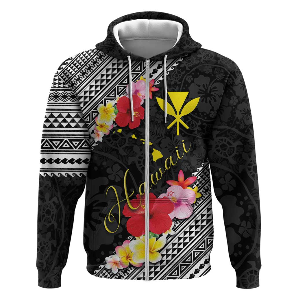 Aloha Hawaii Hibiscus and Plumeria Flowers Hoodie Kanaka Maoli Tattoo Polynesian Pattern LT03 Zip Hoodie Black - Polynesian Pride
