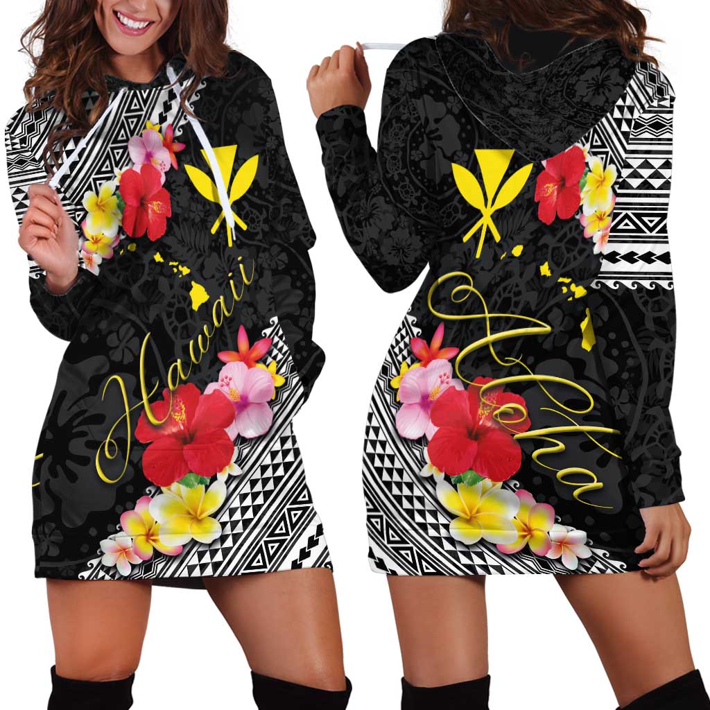 Aloha Hawaii Hibiscus and Plumeria Flowers Hoodie Dress Kanaka Maoli Tattoo Polynesian Pattern LT03 - Polynesian Pride
