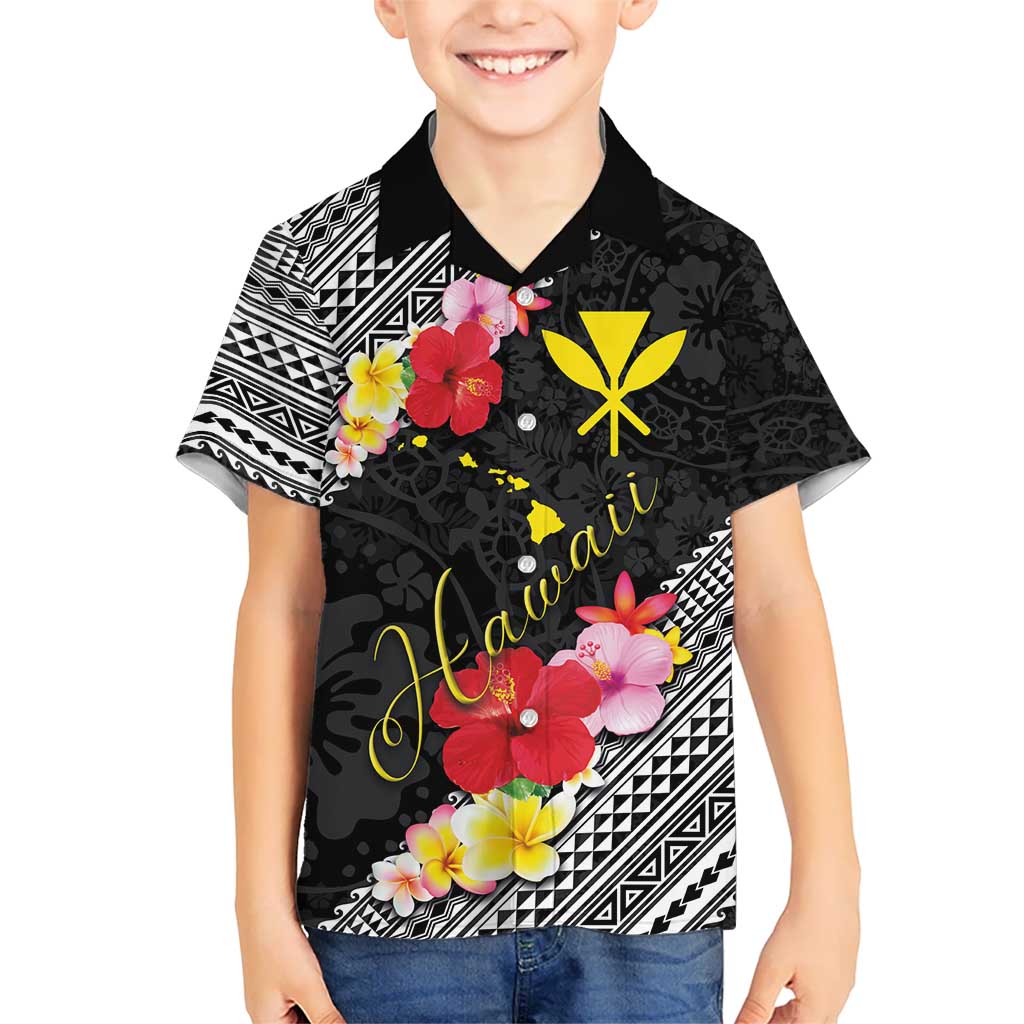 Aloha Hawaii Hibiscus and Plumeria Flowers Kid Hawaiian Shirt Kanaka Maoli Tattoo Polynesian Pattern LT03 Kid Black - Polynesian Pride