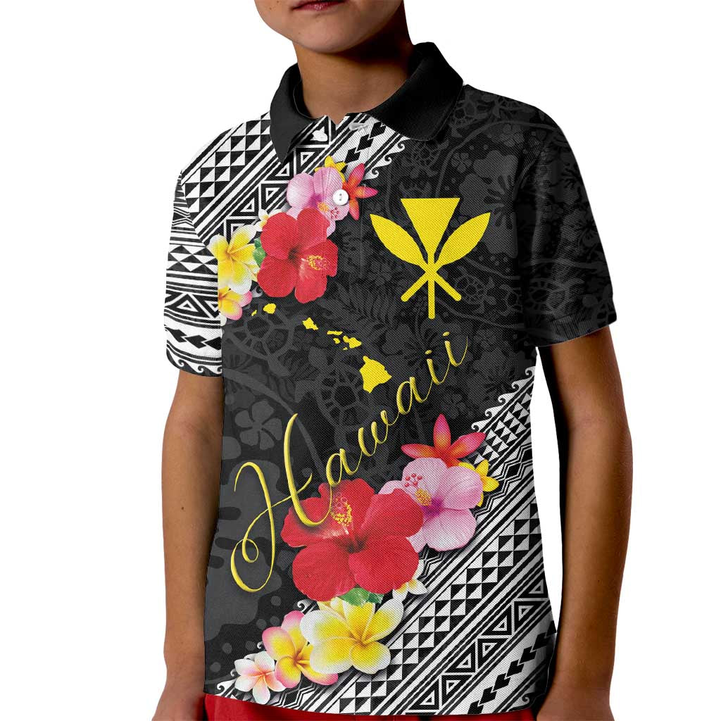 Aloha Hawaii Hibiscus and Plumeria Flowers Kid Polo Shirt Kanaka Maoli Tattoo Polynesian Pattern LT03 Kid Black - Polynesian Pride