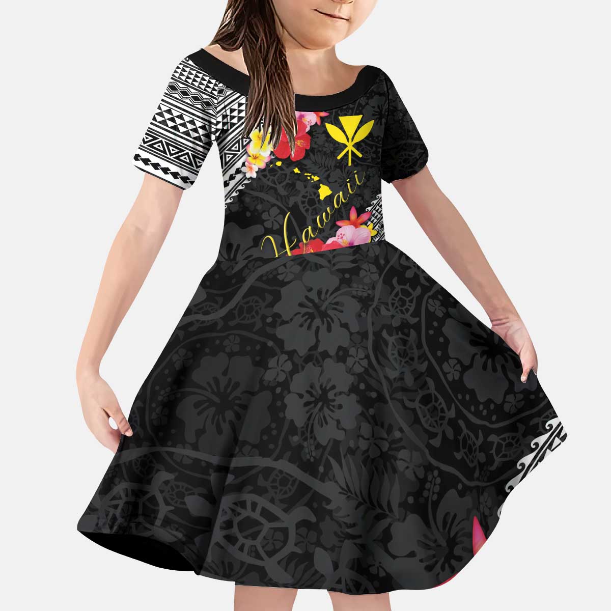 Aloha Hawaii Hibiscus and Plumeria Flowers Kid Short Sleeve Dress Kanaka Maoli Tattoo Polynesian Pattern LT03 KID Black - Polynesian Pride