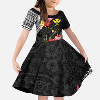 Aloha Hawaii Hibiscus and Plumeria Flowers Kid Short Sleeve Dress Kanaka Maoli Tattoo Polynesian Pattern LT03 KID Black - Polynesian Pride