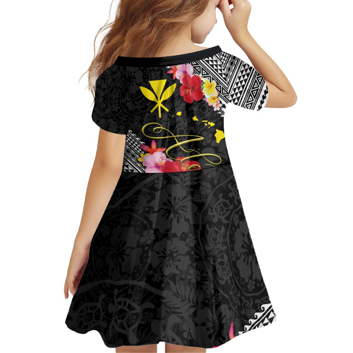 Aloha Hawaii Hibiscus and Plumeria Flowers Kid Short Sleeve Dress Kanaka Maoli Tattoo Polynesian Pattern LT03 - Polynesian Pride