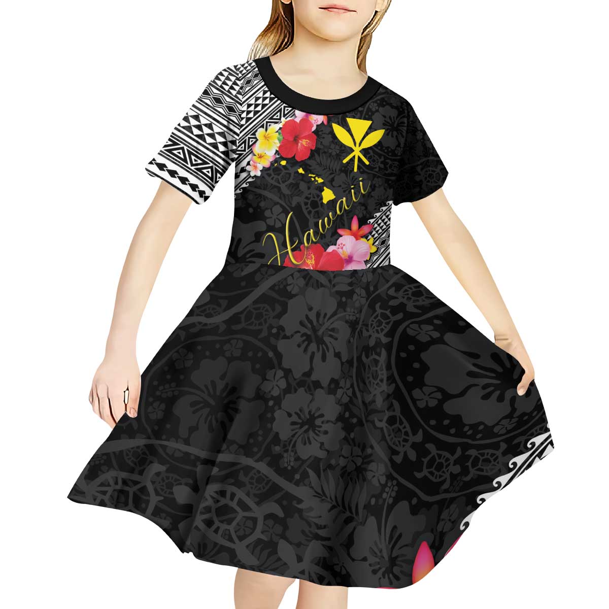 Aloha Hawaii Hibiscus and Plumeria Flowers Kid Short Sleeve Dress Kanaka Maoli Tattoo Polynesian Pattern LT03 - Polynesian Pride