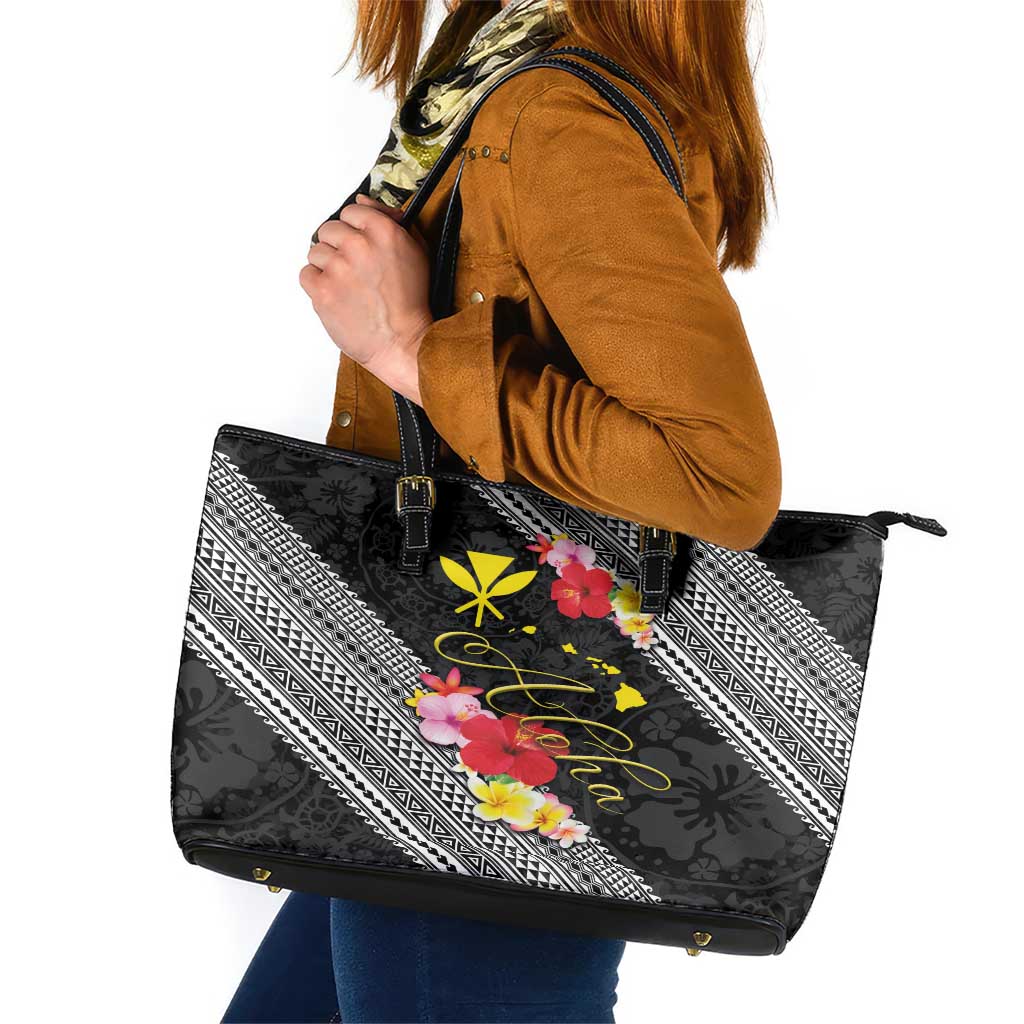Aloha Hawaii Hibiscus and Plumeria Flowers Leather Tote Bag Kanaka Maoli Tattoo Polynesian Pattern LT03 Black - Polynesian Pride