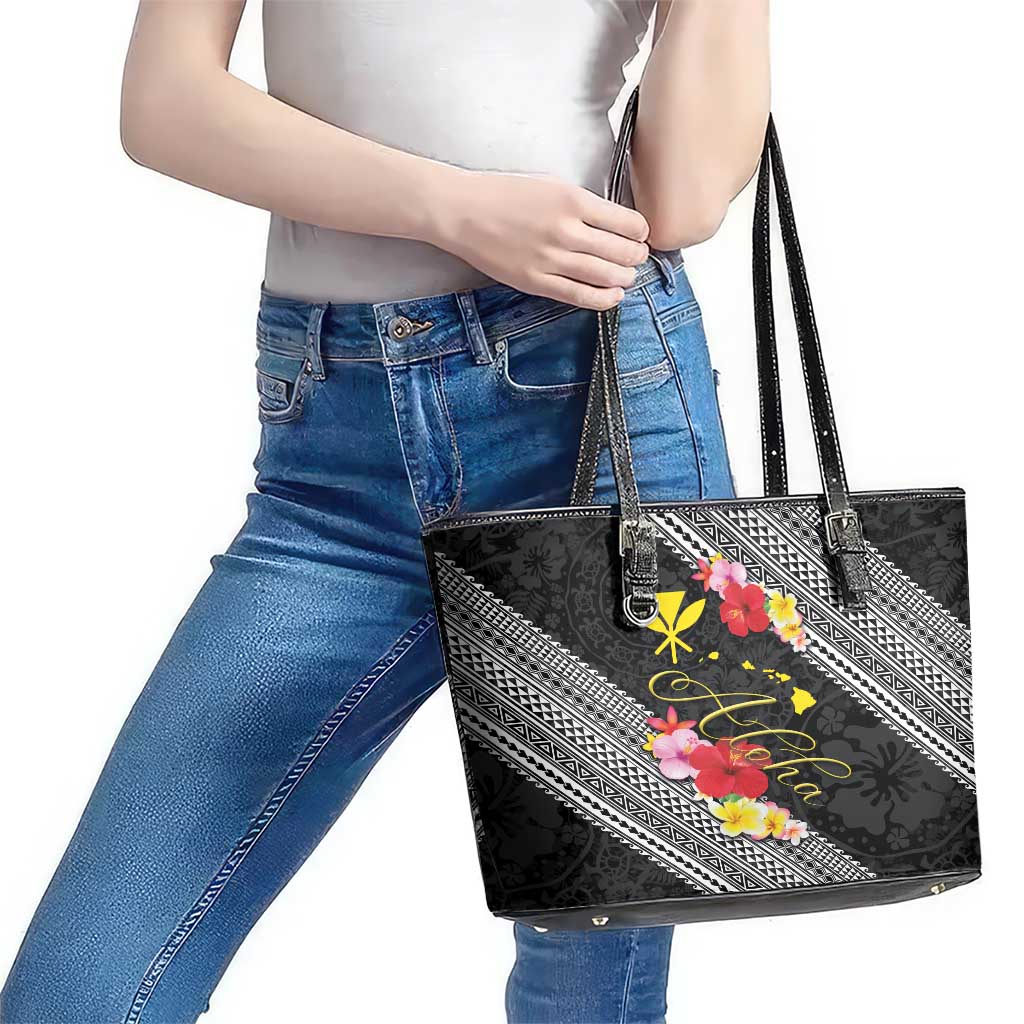 Aloha Hawaii Hibiscus and Plumeria Flowers Leather Tote Bag Kanaka Maoli Tattoo Polynesian Pattern LT03 - Polynesian Pride