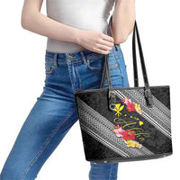 Aloha Hawaii Hibiscus and Plumeria Flowers Leather Tote Bag Kanaka Maoli Tattoo Polynesian Pattern LT03 - Polynesian Pride