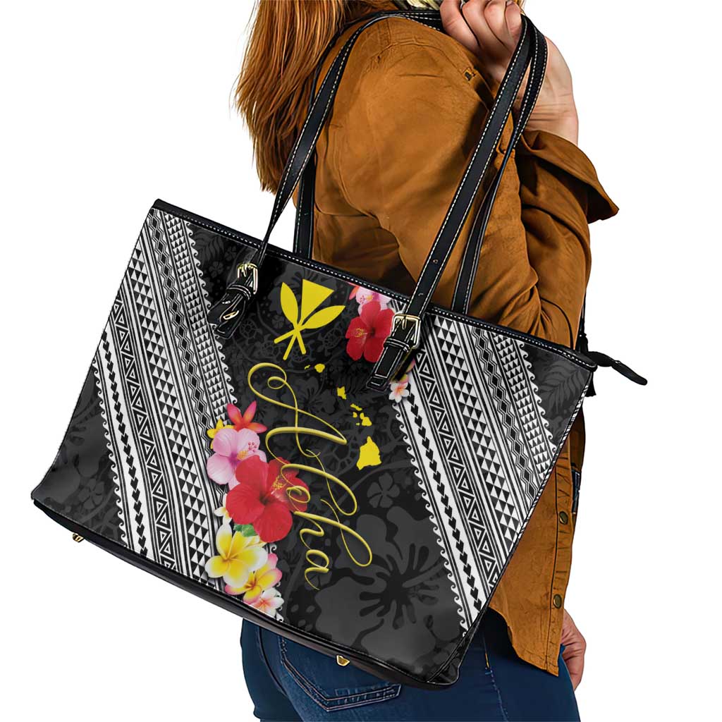 Aloha Hawaii Hibiscus and Plumeria Flowers Leather Tote Bag Kanaka Maoli Tattoo Polynesian Pattern LT03 - Polynesian Pride