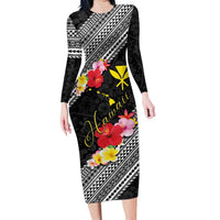 Aloha Hawaii Hibiscus and Plumeria Flowers Long Sleeve Bodycon Dress Kanaka Maoli Tattoo Polynesian Pattern LT03 Long Dress Black - Polynesian Pride