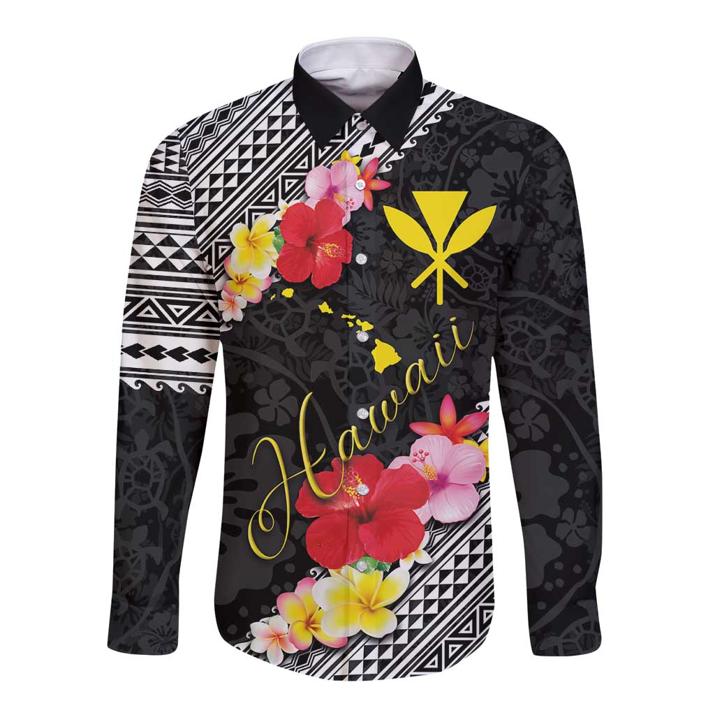 Aloha Hawaii Hibiscus and Plumeria Flowers Long Sleeve Button Shirt Kanaka Maoli Tattoo Polynesian Pattern LT03 Unisex Black - Polynesian Pride