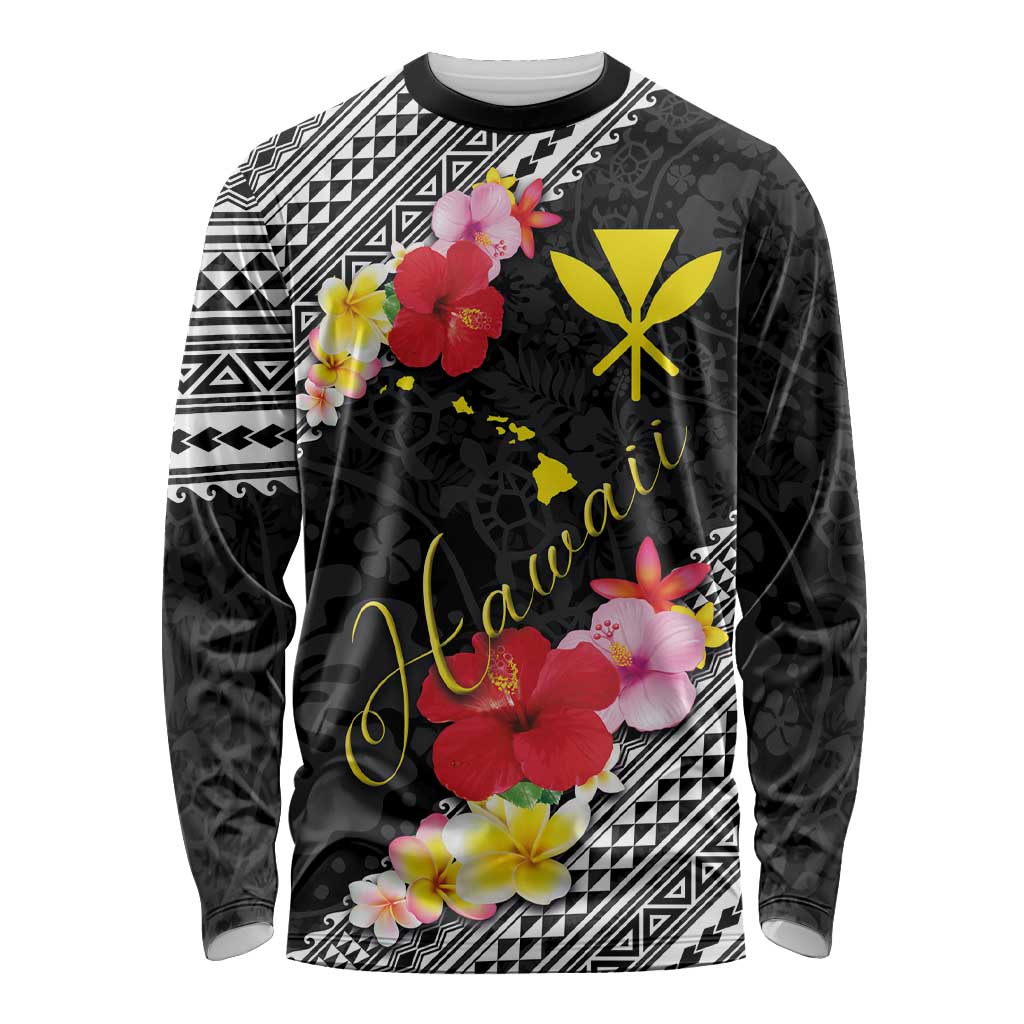 Aloha Hawaii Hibiscus and Plumeria Flowers Long Sleeve Shirt Kanaka Maoli Tattoo Polynesian Pattern LT03 Unisex Black - Polynesian Pride