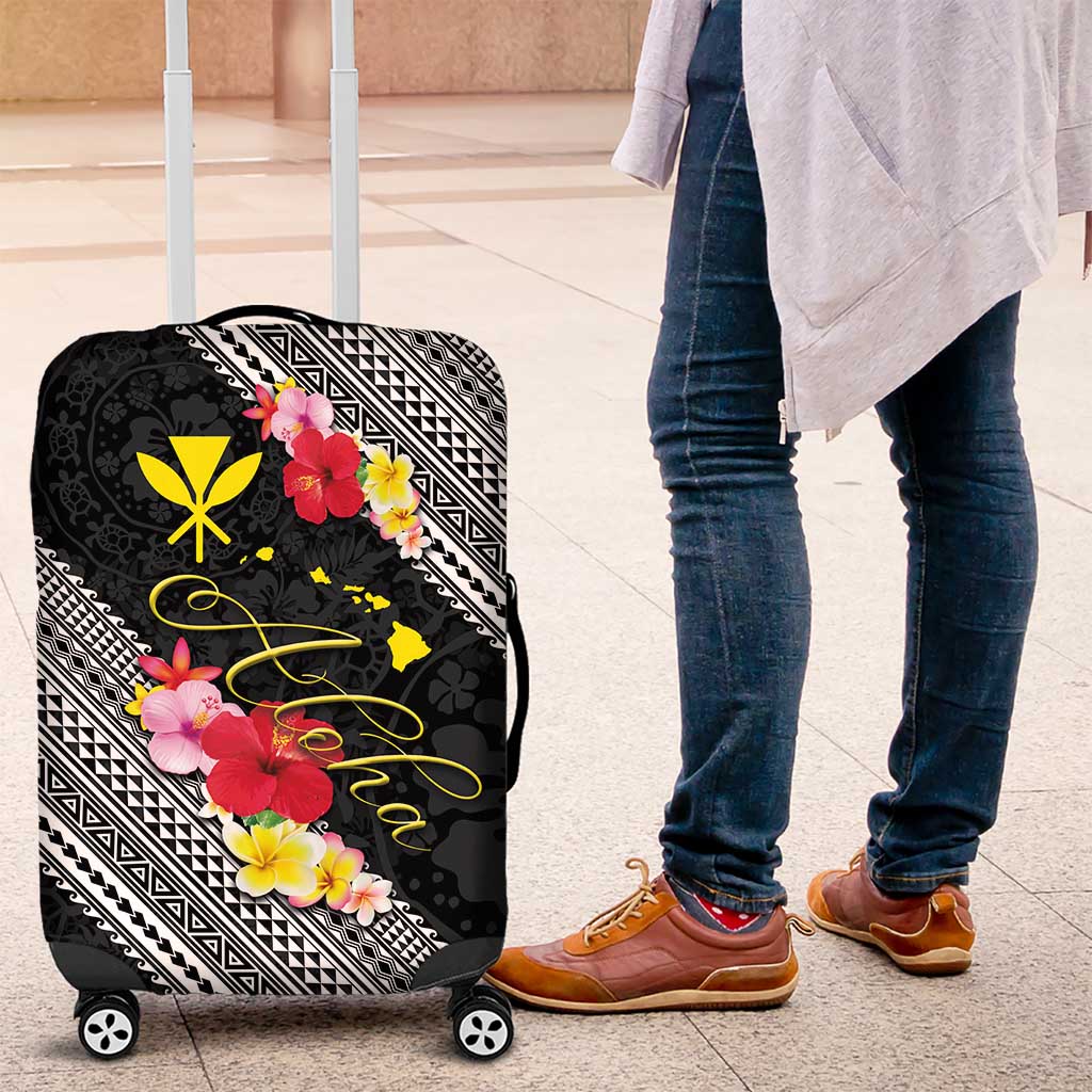Aloha Hawaii Hibiscus and Plumeria Flowers Luggage Cover Kanaka Maoli Tattoo Polynesian Pattern LT03 Black - Polynesian Pride