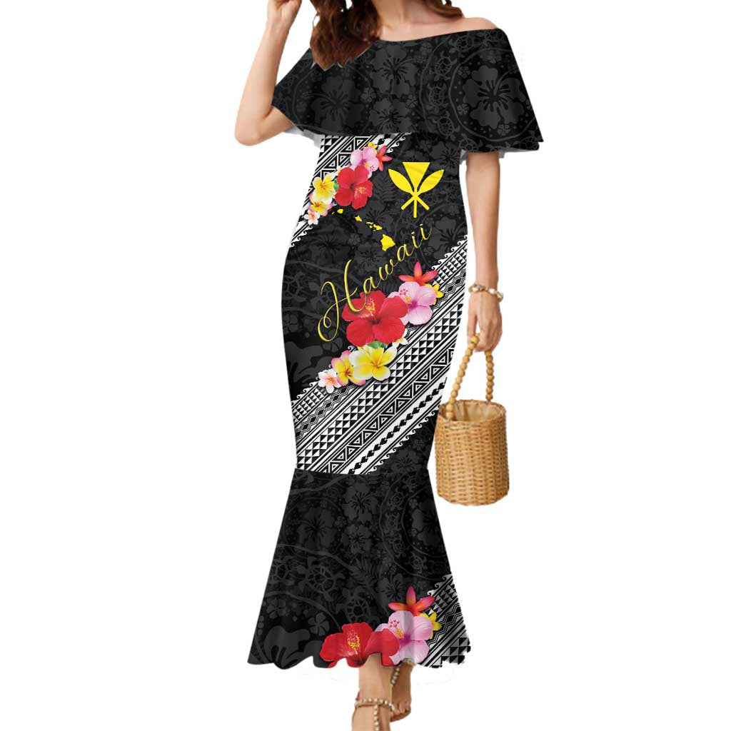 Aloha Hawaii Hibiscus and Plumeria Flowers Mermaid Dress Kanaka Maoli Tattoo Polynesian Pattern LT03 Women Black - Polynesian Pride