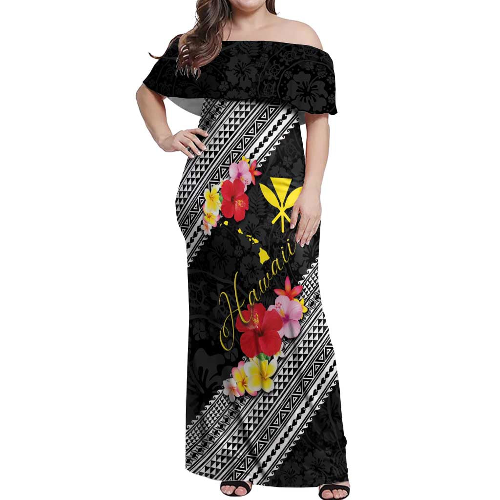 Aloha Hawaii Hibiscus and Plumeria Flowers Off Shoulder Maxi Dress Kanaka Maoli Tattoo Polynesian Pattern LT03 Women Black - Polynesian Pride