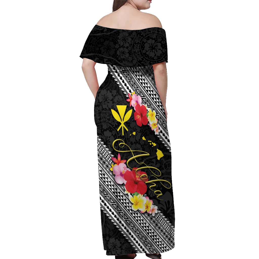 Aloha Hawaii Hibiscus and Plumeria Flowers Off Shoulder Maxi Dress Kanaka Maoli Tattoo Polynesian Pattern LT03 - Polynesian Pride
