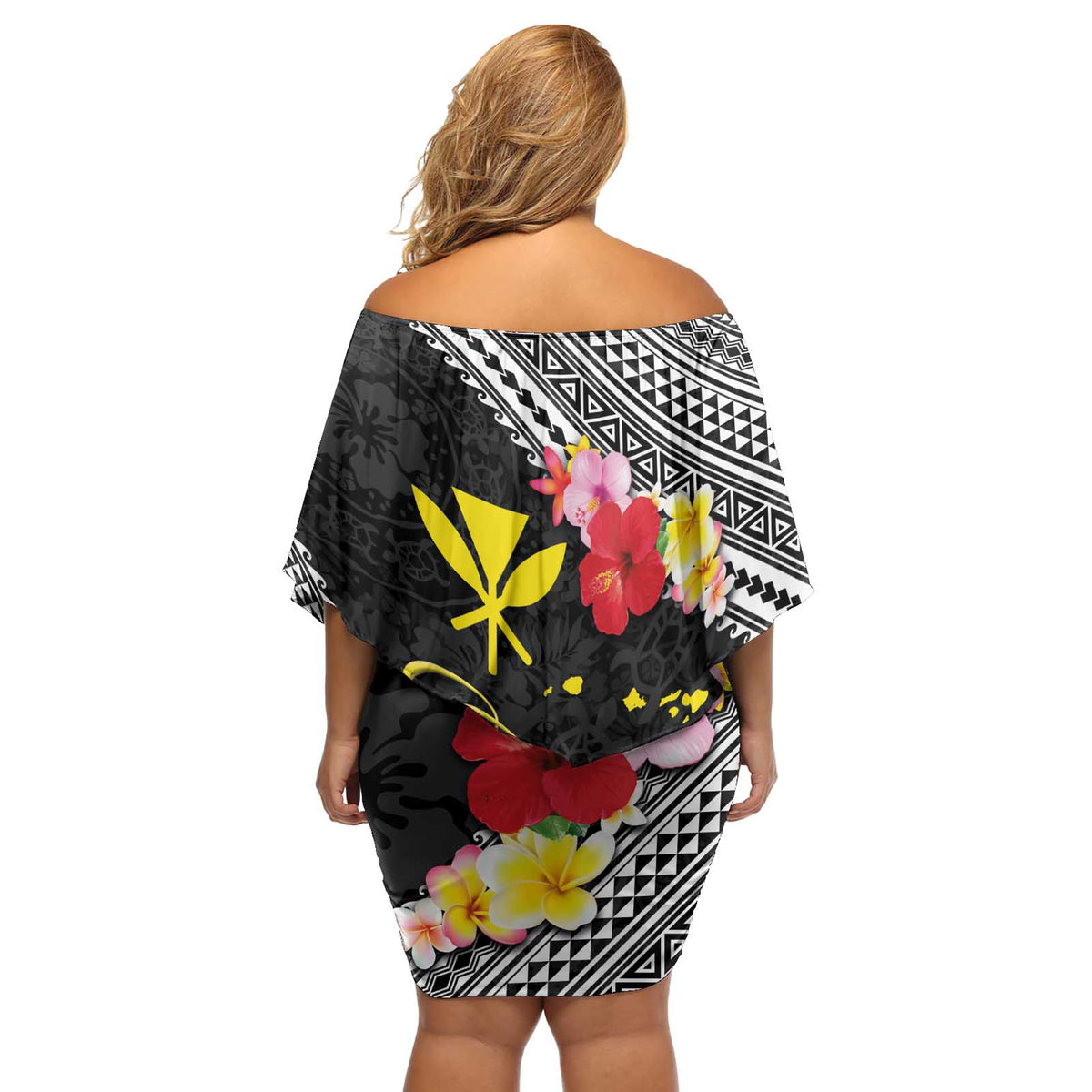 Aloha Hawaii Hibiscus and Plumeria Flowers Off Shoulder Short Dress Kanaka Maoli Tattoo Polynesian Pattern LT03 - Polynesian Pride
