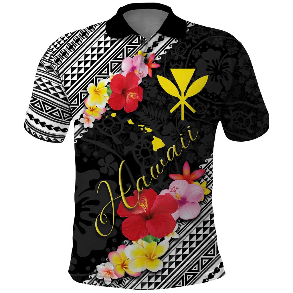Aloha Hawaii Hibiscus and Plumeria Flowers Polo Shirt Kanaka Maoli Tattoo Polynesian Pattern LT03 Black - Polynesian Pride