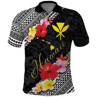 Aloha Hawaii Hibiscus and Plumeria Flowers Polo Shirt Kanaka Maoli Tattoo Polynesian Pattern LT03 Black - Polynesian Pride