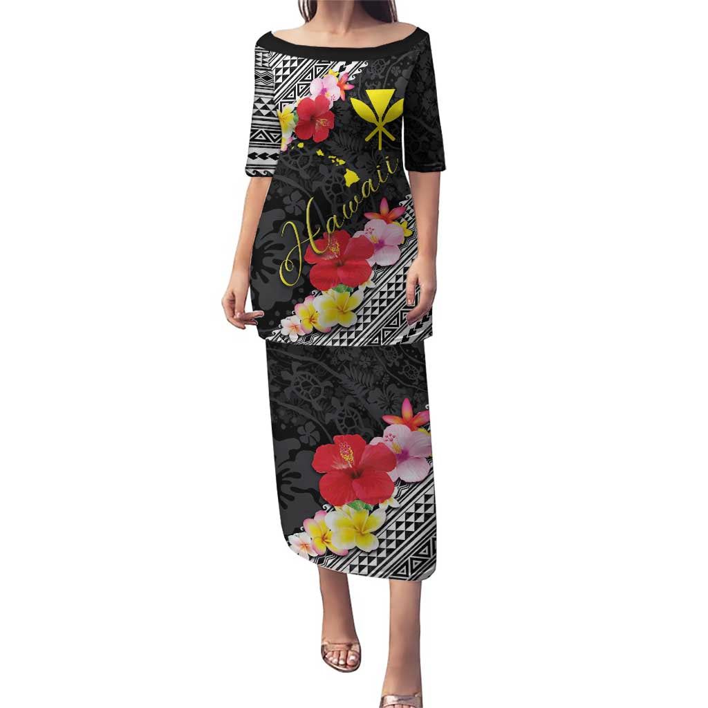 Aloha Hawaii Hibiscus and Plumeria Flowers Puletasi Kanaka Maoli Tattoo Polynesian Pattern LT03 Long Dress Black - Polynesian Pride