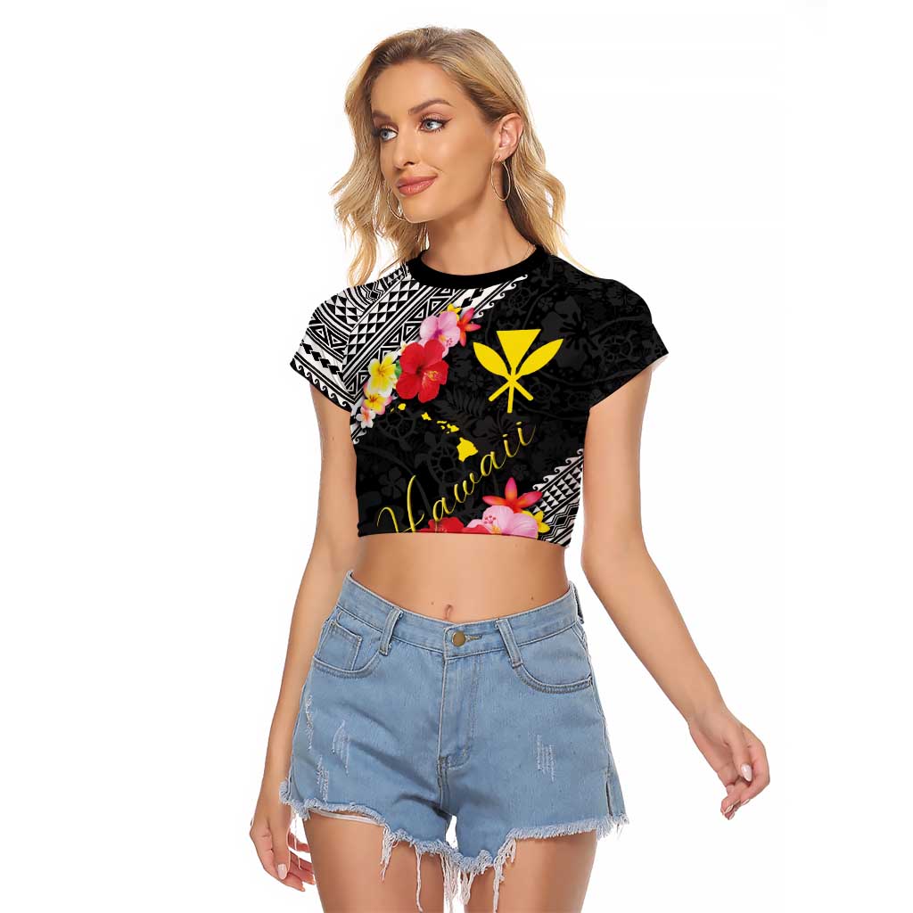 Aloha Hawaii Hibiscus and Plumeria Flowers Raglan Cropped T Shirt Kanaka Maoli Tattoo Polynesian Pattern LT03 Female Black - Polynesian Pride