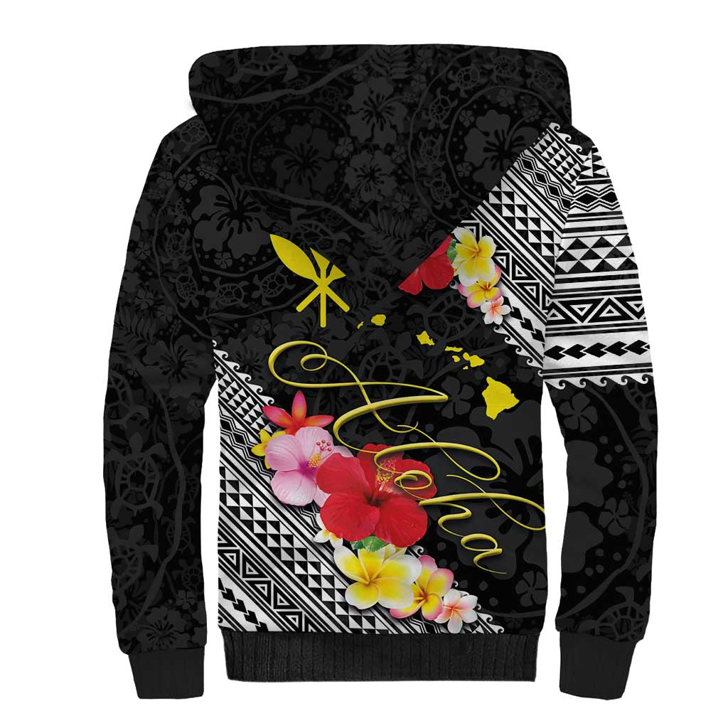 Aloha Hawaii Hibiscus and Plumeria Flowers Sherpa Hoodie Kanaka Maoli Tattoo Polynesian Pattern LT03 - Polynesian Pride