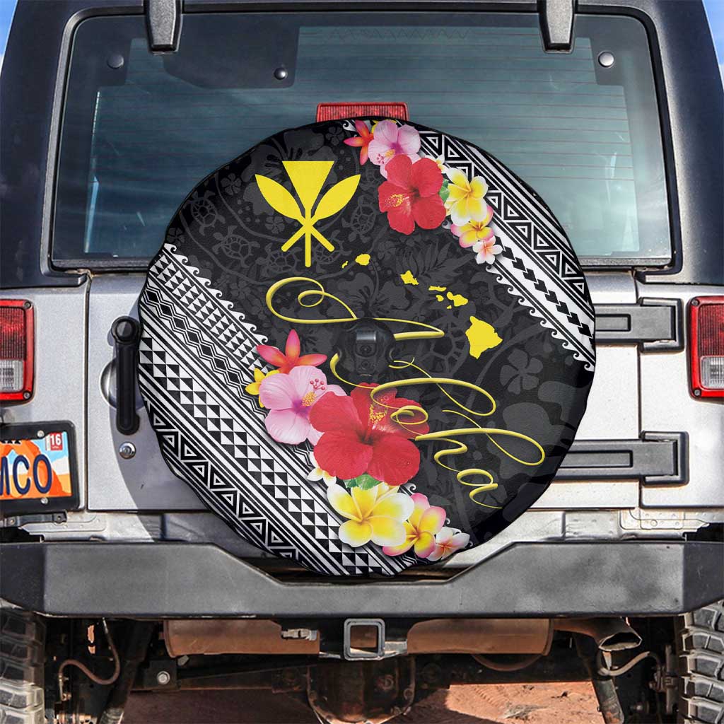 Aloha Hawaii Hibiscus and Plumeria Flowers Spare Tire Cover Kanaka Maoli Tattoo Polynesian Pattern LT03 Black - Polynesian Pride