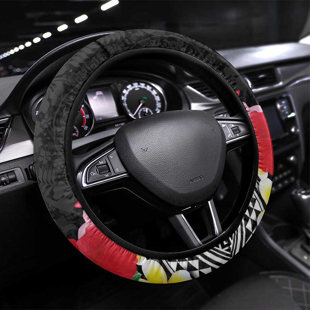 Aloha Hawaii Hibiscus and Plumeria Flowers Steering Wheel Cover Kanaka Maoli Tattoo Polynesian Pattern LT03 Universal Fit Black - Polynesian Pride