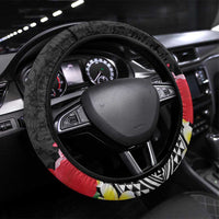 Aloha Hawaii Hibiscus and Plumeria Flowers Steering Wheel Cover Kanaka Maoli Tattoo Polynesian Pattern LT03 Universal Fit Black - Polynesian Pride